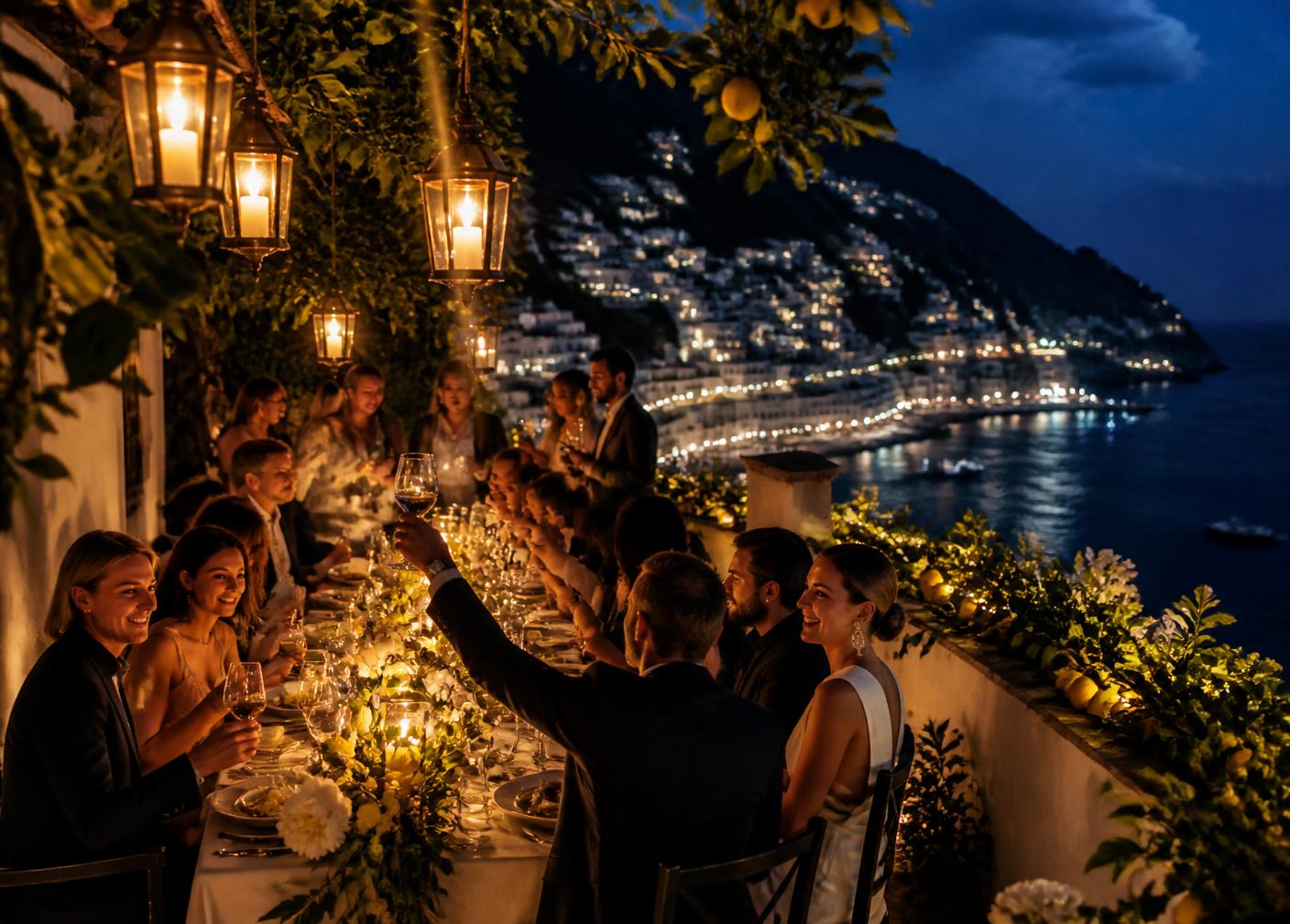 Guests raising glasses at a candlelit night celebration