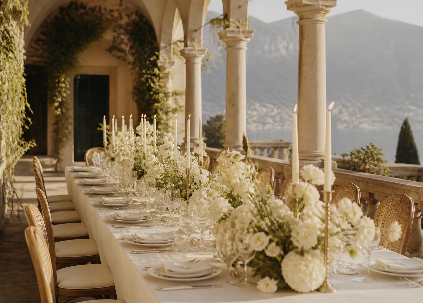 Long banquet table on the villa loggia above Lake Como