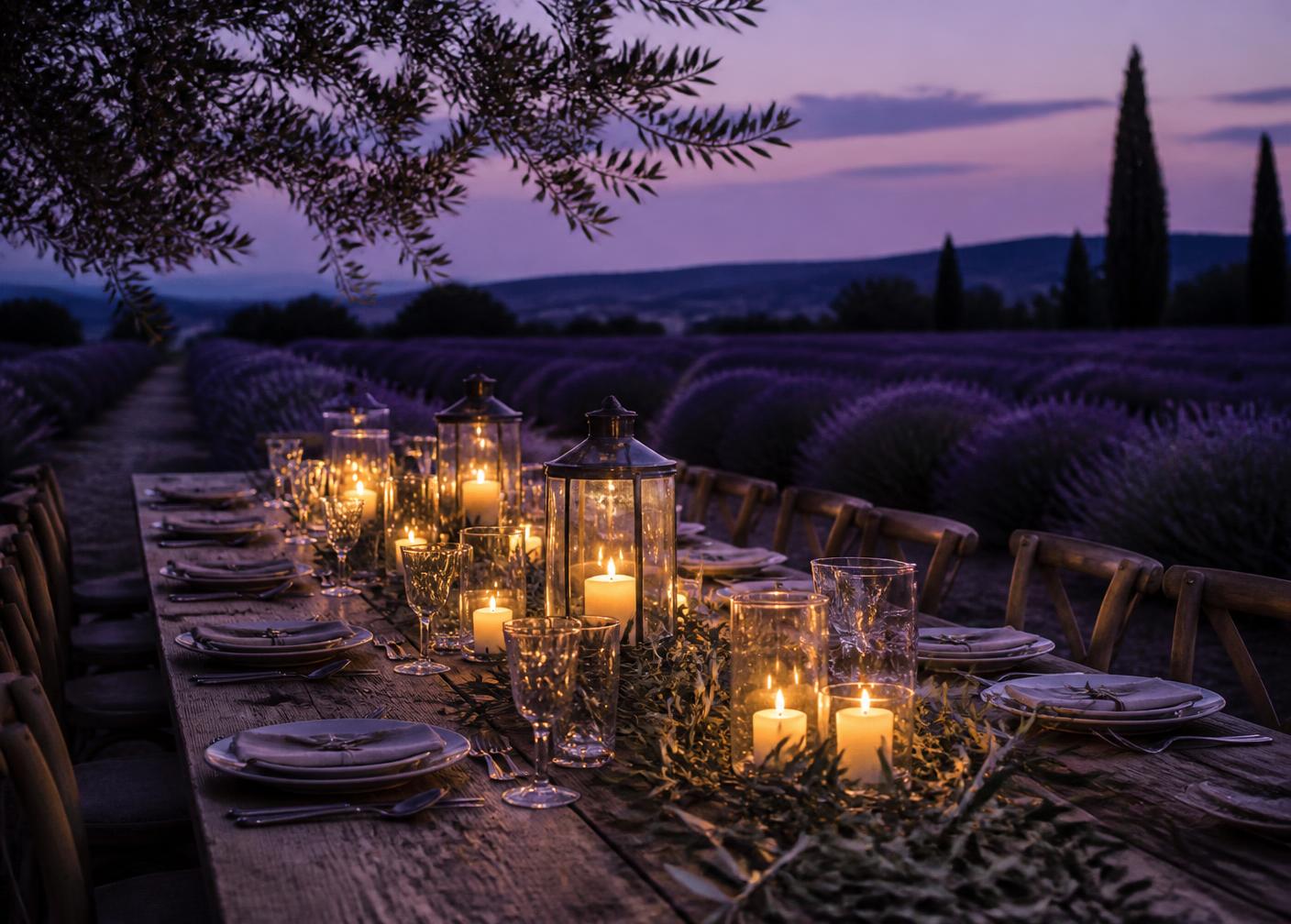 Lanterns and candles glowing at dusk