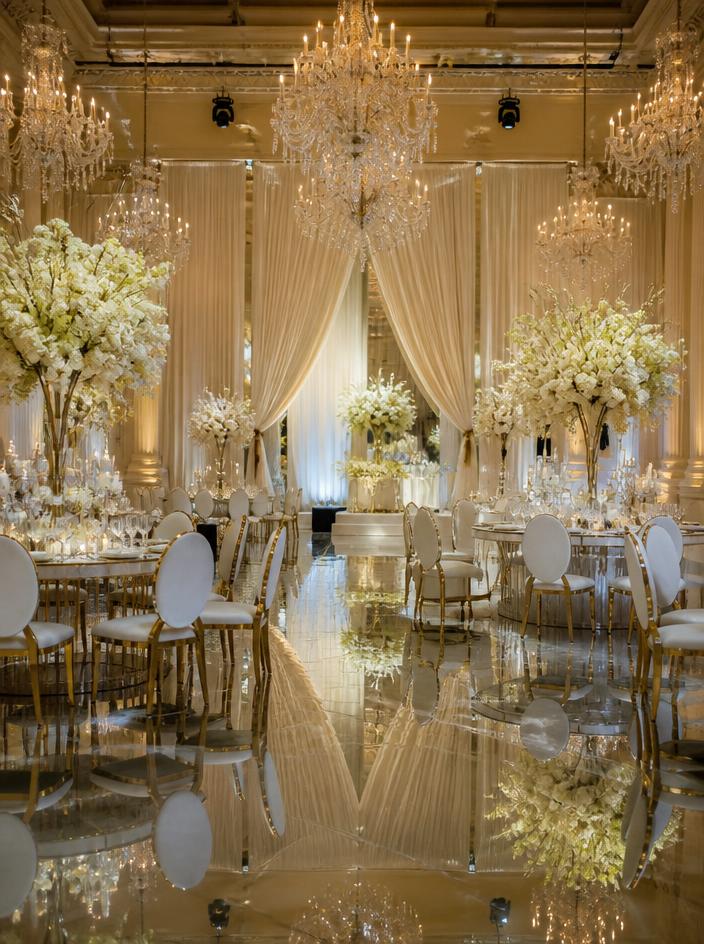 Ballroom with mirrored floor and chandeliers