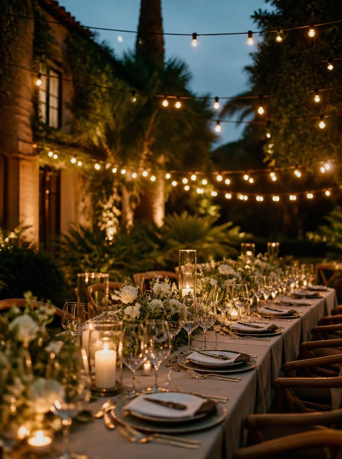 Garden dinner beneath hanging string lights